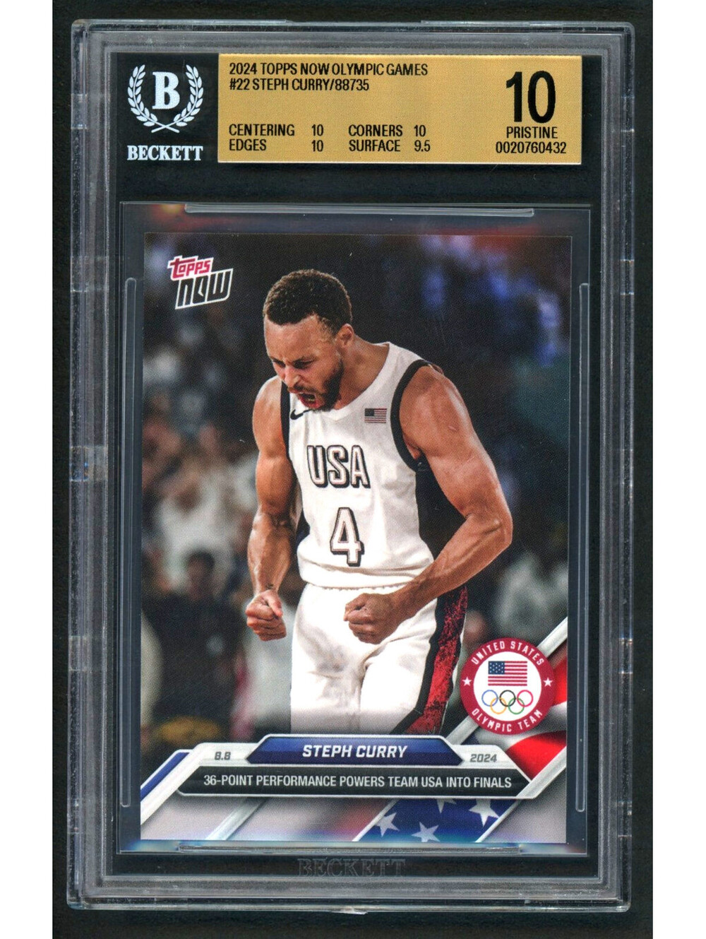 2024 Topps Now Olympics Stephen Curry #22 Team USA Gold Medal BGS 10 Pristine
